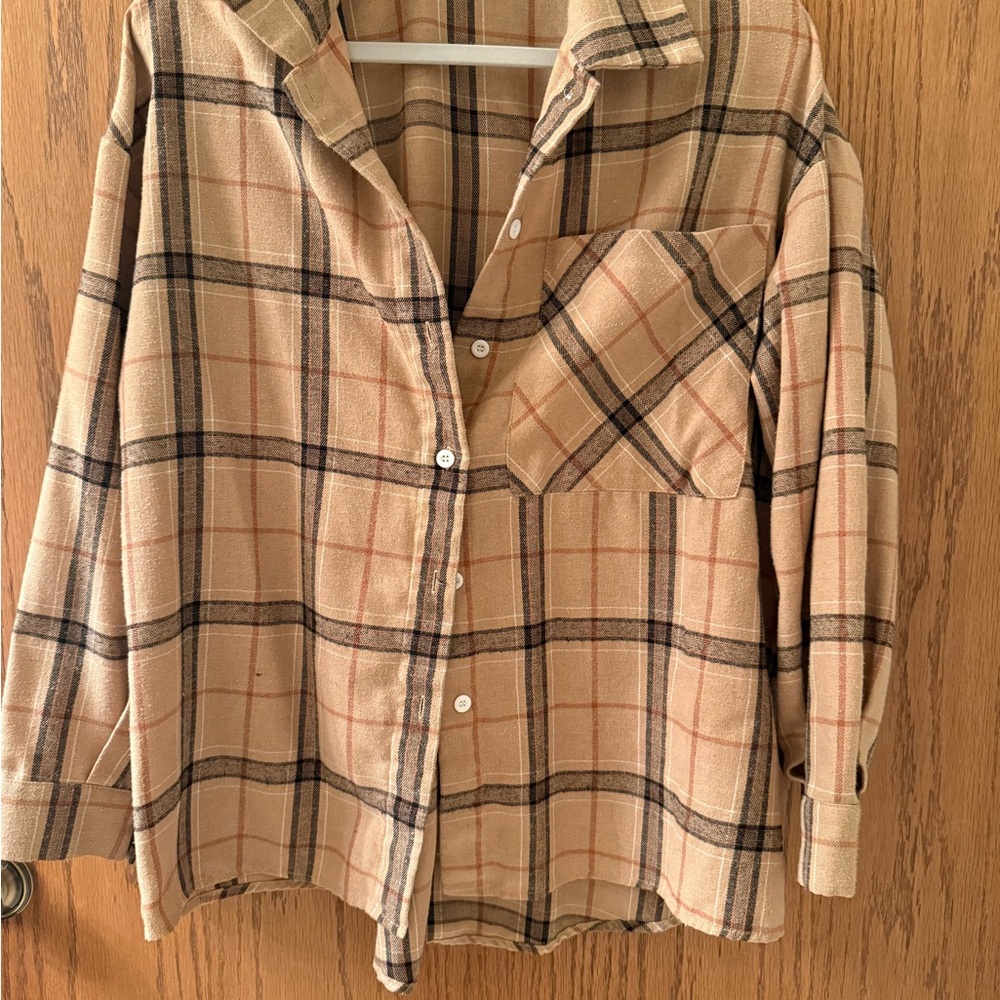 SHEIN Brown & Beige Plaid Button-Up Shirt